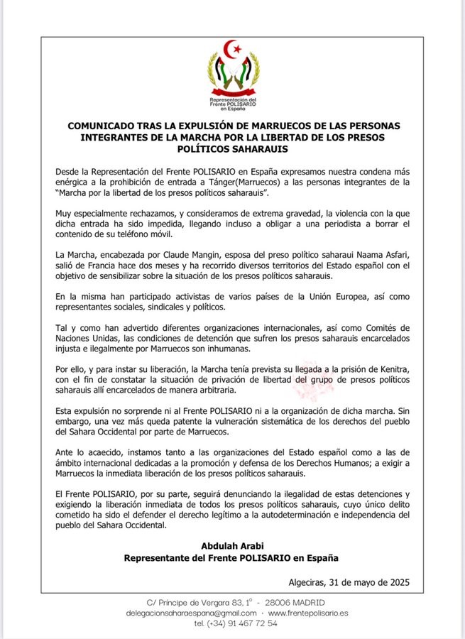 Comunicado tras la expulsión de Marruecos de las personas integrantes de la marcha por la libertad de los presos políticos saharauis Comunicado tras la expulsión de Marruecos de las personas integrantes de la marcha por la libertad de los presos políticos saharauis