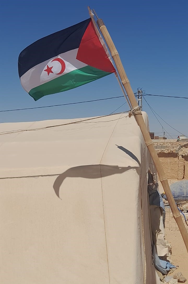 bandera saharaui ondea en los Campamentos de Refugiados Saharauis en 50º aniversario de la Unidad Nacional. 50º aniversario de la Unidad Nacional.